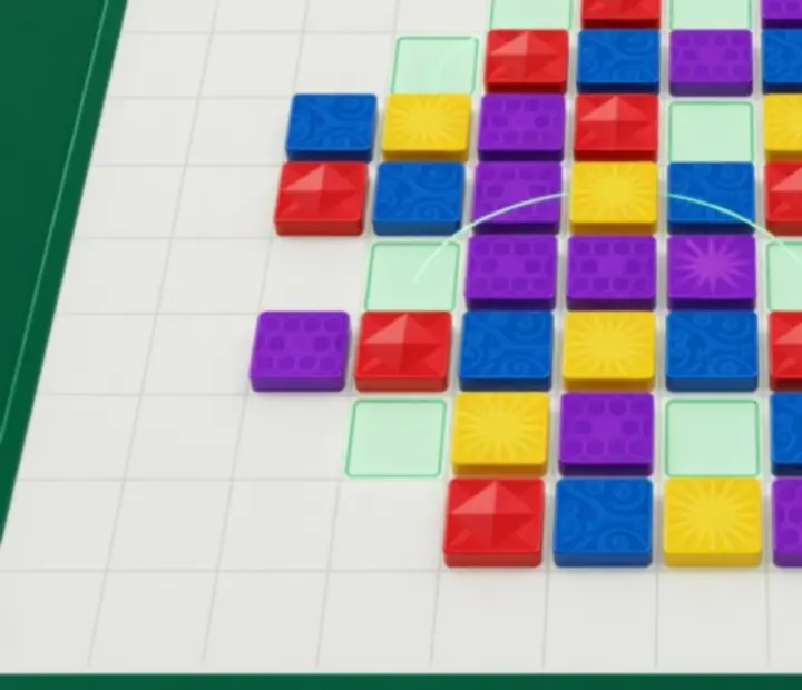 Tile Match játékmenet közelről, színes csempékkel és logikus elrendezésű puzzle táblával