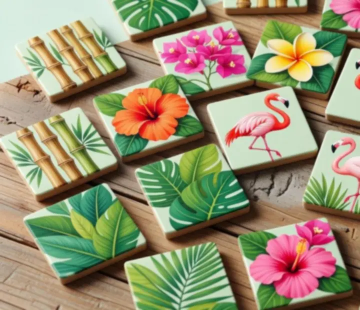 Közeli nézet a Tile Match 3D csempéiről: bambusz, trópusi levelek, flamingók és egzotikus virágok
