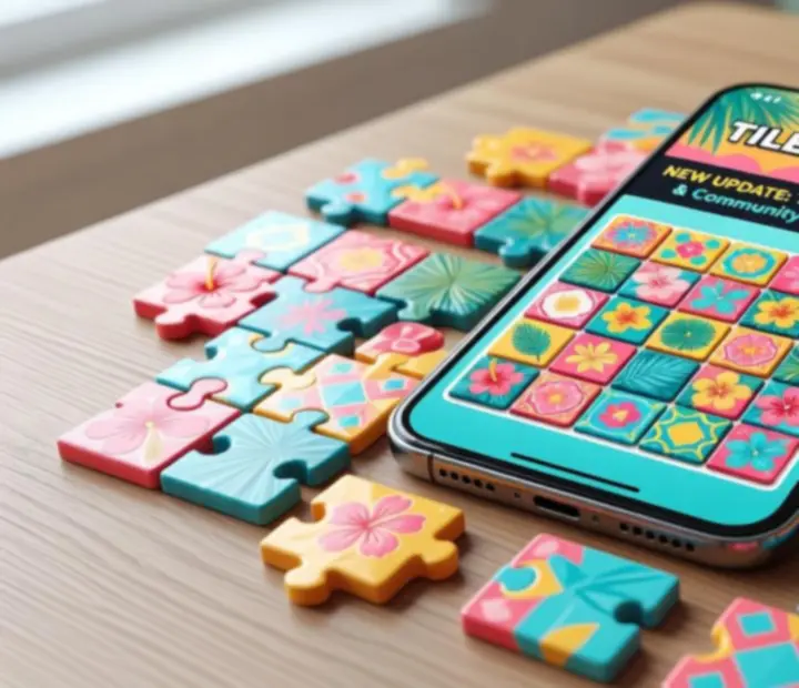 Tile Match játék színes trópusi csempékkel, hírjellegű bannerrel