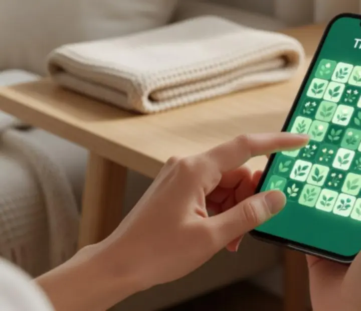 Nyugodt Tile Match játékmenet fa háttérrel és virágmintás csempékkel