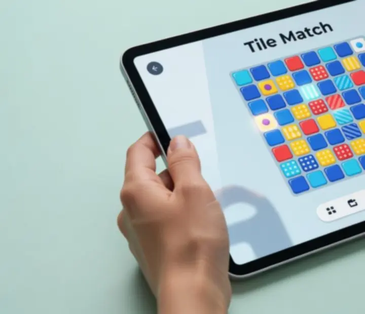 Tile Match játék egy táblagépen, érintésre optimalizált csempe-elrendezéssel