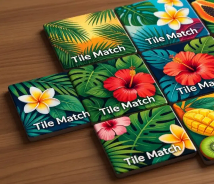 Tile Match játéktábla közelről, trópusi és virágos csempékkel egy logikus puzzle elrendezésben